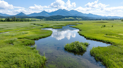 Mountain valley wetlands, summer landscape, scenic view, travel background