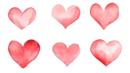 Collection of six watercolor hearts in various shades of red on a white background, ideal for design