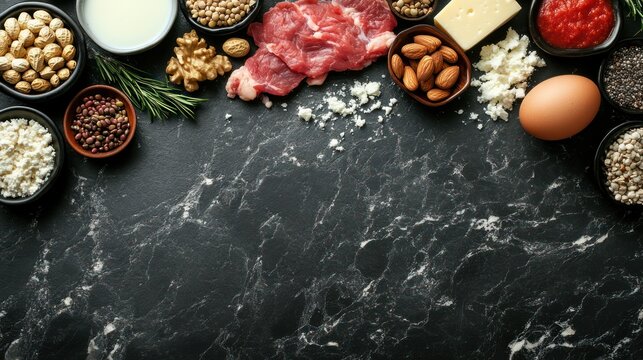 Balanced Diet Essentials: A visually appealing flat lay showcasing a variety of essential food groups, including meat, dairy, grains, nuts, and legumes, arranged on a dark textured surface.