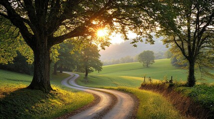 Fototapeta premium Winding Country Road Through Lush Green Landscape At Sunset
