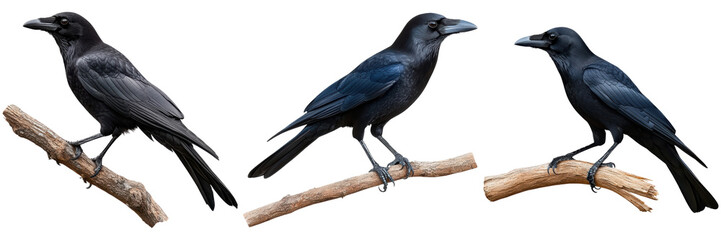 Three Black Ravens Sitting on Branches in Natural Setting