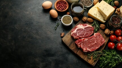Naklejka premium Steak Dinner Ingredients: A mouthwatering arrangement of premium steak cuts, alongside fresh tomatoes, cheese, herbs, spices, eggs, and a bottle of red wine on a rustic wooden cutting board.
