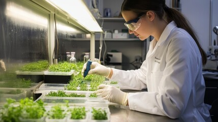 Scientist conducting plant research in a laboratory in the afternoon with focus on plant growth and experimentation