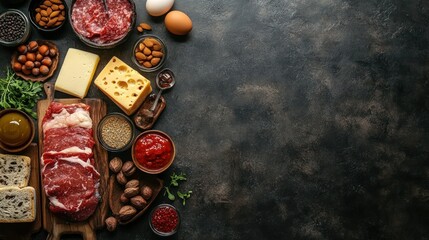 Gourmet Ingredients: A culinary spread of prime ingredients including various cheeses, cuts of beef, nuts, eggs, and spices, arranged artfully on a dark rustic surface. Plenty of copy space. 