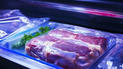 Freshly vacuum-sealed beef cuts in a display case at a local butcher shop showcasing quality meats