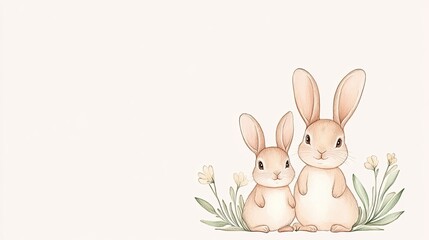 Fototapeta premium Two adorable rabbits standing together among delicate flowers on a soft pastel background