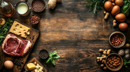 The Art of Flavor:  A tantalizing spread of ingredients lays the foundation for culinary creation on a rustic wooden background, featuring fresh steak, eggs, cheese, nuts, spices, and herbs.  