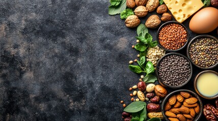 Healthy Eating Concept: A vibrant assortment of nutritious foods, including nuts, seeds, grains, legumes, and dairy, artfully arranged on a dark textured surface.