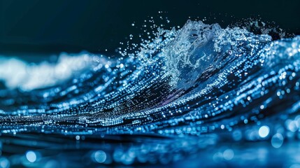 A wave of water with blockchain codes woven throughout emphasizing the potential for blockchain to aid in tracking and managing water resources sustainably.