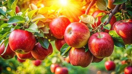 Fresh Red Apples on the Vine with Lush Green Leaves in Bright Sunlight - High Depth of Field Image for Nature and Harvest Themes