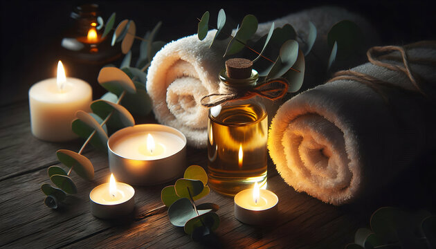 Healthy Wellness Moody and atmospheric wellness scene with dim lighting, emphasizing the candlelit glow reflecting of2