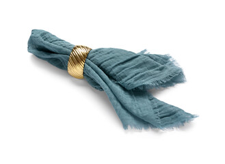 Blue napkin with ring isolated on white background