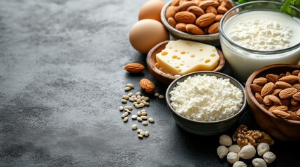 Protein Powerhouse:  A selection of protein-rich foods, including almonds, cheese, milk, cottage cheese and eggs, arranged on a gray textured surface. Capture the essence of a healthy, balanced diet.