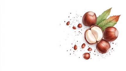 A detailed illustration of hazelnuts with leaves and scattered shells on a white background