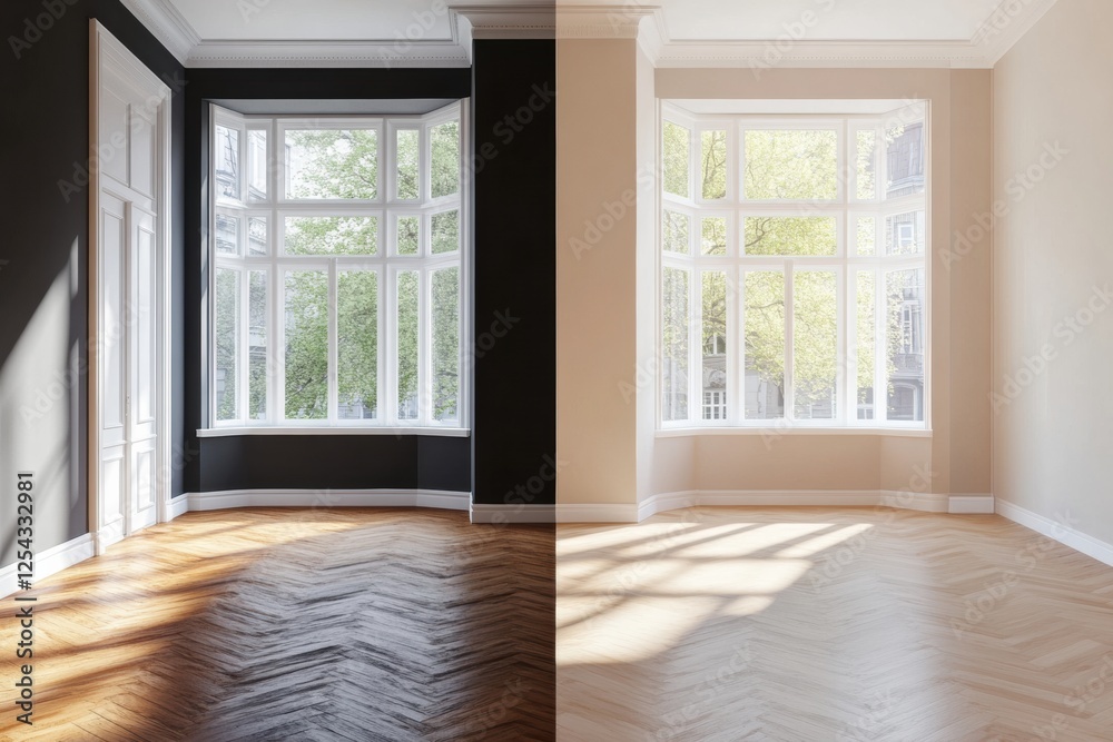 Aufkleber split view of a room showcasing dark old interiors transitioning to bright modern renovated design. 