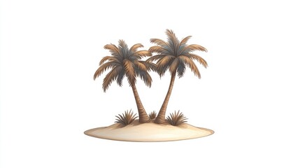 Obraz premium Two palm trees on a sandy island with sparse vegetation under a clear blue sky