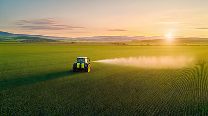 Fototapeta premium Tractor Spraying Crops at Sunset