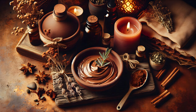 Healthy Wellness Earthy and grounding self-care setup with deep terracotta tones, warm golden candlelight, a natural 1