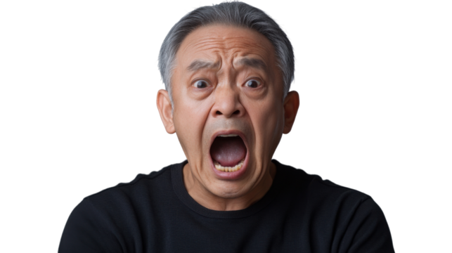Shocked senior man screaming with transparent background