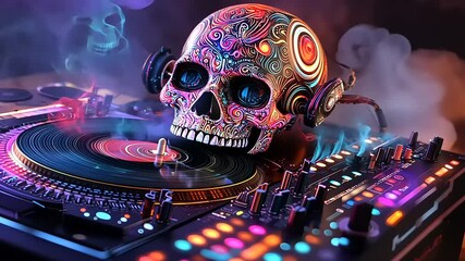 Neon Skull DJing on a Vibrant, Ornate Turntable