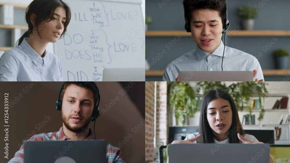 Poster Students actively participate in virtual learning sessions, discussing various topics while using headphones and laptops