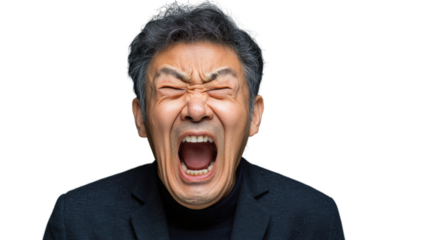 Stressed asian businessman screaming with transparent background