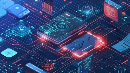 Fototapeta premium An artistic representation of a digital wallet surrounded by layers of coding and biometric verification symbolizing multilayered security.