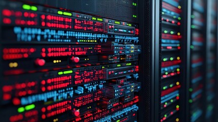 Naklejka premium Close Up Of Colorful Server Rack Components