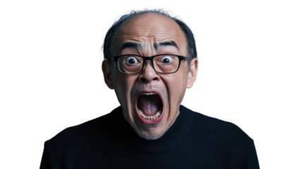 Shocked senior man shouting with transparent background