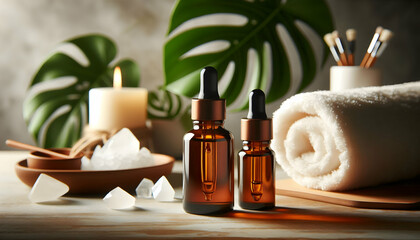 Healthy Wellness Close-up of amber dropper bottles with a shallow depth of field, focusing on the rich tones of the e3