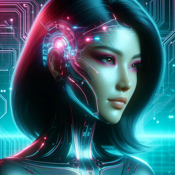 High-tech girl. Concept of AI of the future, wearable AI devices. Cybernetic of the future.