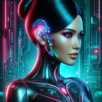 High-tech girl. Concept of AI of the future, wearable AI devices. Cybernetic of the future.