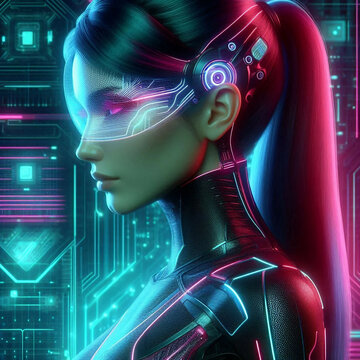 High-tech girl. Concept of AI of the future, wearable AI devices. Cybernetic of the future.