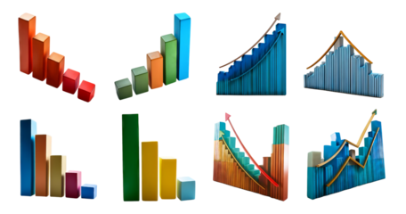 Colorful 3D Bar and Line Graphs for Business Presentation and Analysis, isolated on transparent background