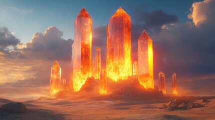 Majestic glowing crystal formations rise from the desert, illuminated by a vibrant sunset sky