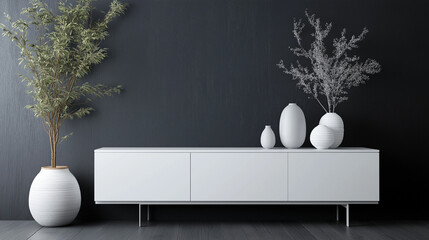 modern white   sideboard made of wood  isolated on black  wall background and big pot with plants  next to it , white vase