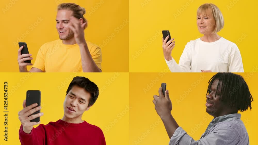 Poster Four people, each in separate sections, wave at their smartphones with cheerful expressions. The bright yellow backdrop adds a lively touch, enhancing their friendly interaction.