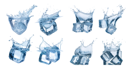 Ice Cubes Splashing into Water on Black Background in Different Angles, isolated on transparent background