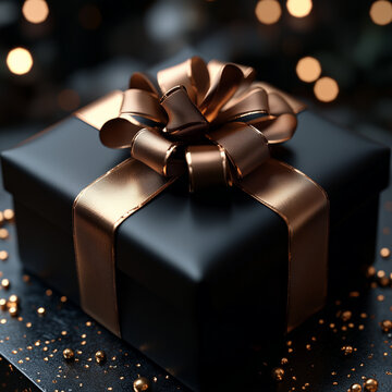  a close-up of a luxurious matte black gift box with a golden satin ribbon, its smooth texture reflecting soft ambient light, set against a dark blurred background for a sophisticated look