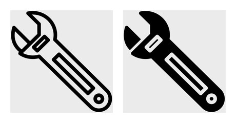 Wrench vector icon set in black color. Wrench icon set with outline and glyph style