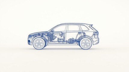Wireframe illustration of a car showcasing internal components and mechanical systems