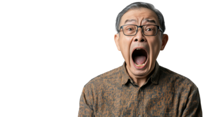 Shocked senior man opening mouth in amazement on transparent background