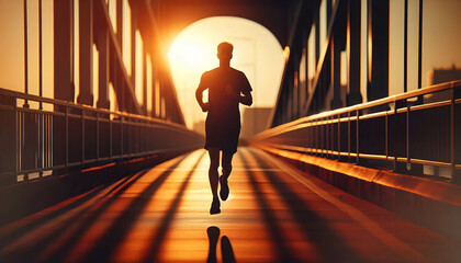 Healthy Wellness A silhouette of a middle-aged man running on a bridge during sunset  The sun casts long shadows as h4