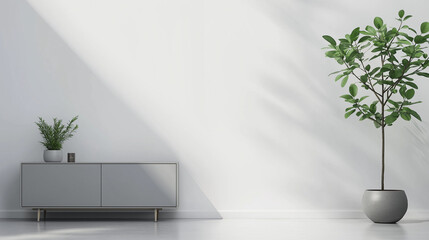 modern gray  sideboard made of wood  isolated on white wall background and green plants in pot 