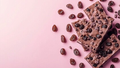 Raisin spice chocolate bar chewy sweet snack for relax time on pink background