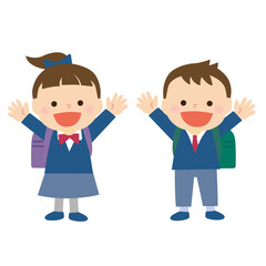 紫と緑のランドセルを背負ったこどもたち