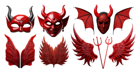 Vibrant Red Devil Masks and Accessories for Halloween Celebrations, isolated on transparent background