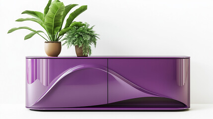 modern purple   side board made of wood  isolated on white wall background and vase above it