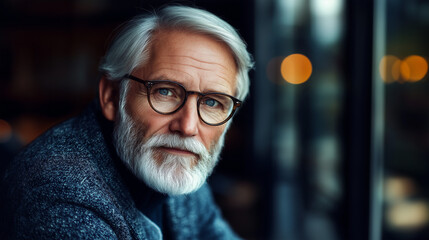 Experienced CEO or entrepreneur with grey or white beard, dressed in professional attire, confidently seated in a high-end office