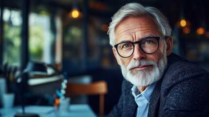 Fototapeta premium Senior corporate leader with a confident stance, neatly trimmed beard, and glasses, seated in an elegant office reflecting trust
